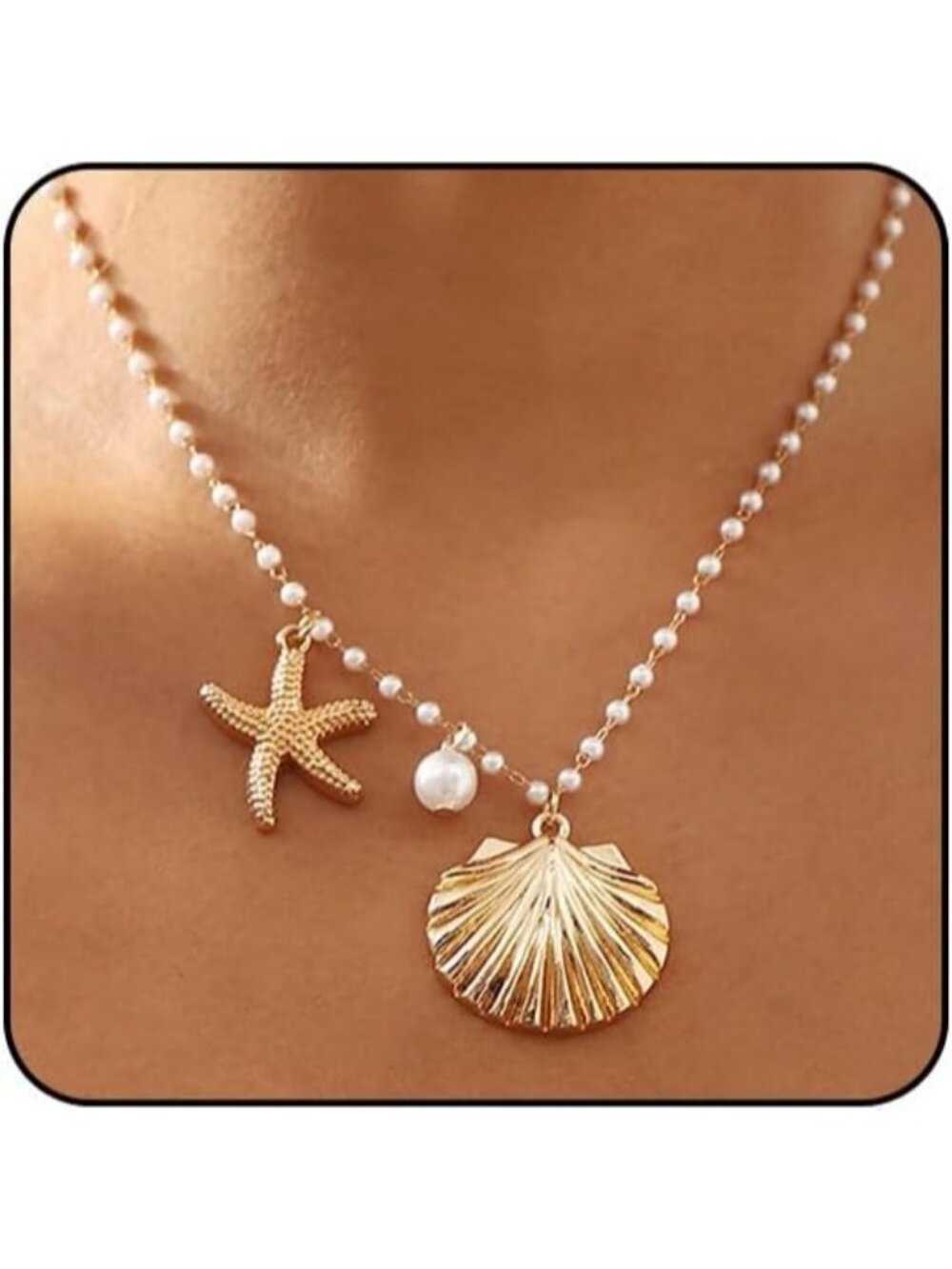 Women's Gold Starfish Pearl Seashell Cowrie Shell Beach Necklace